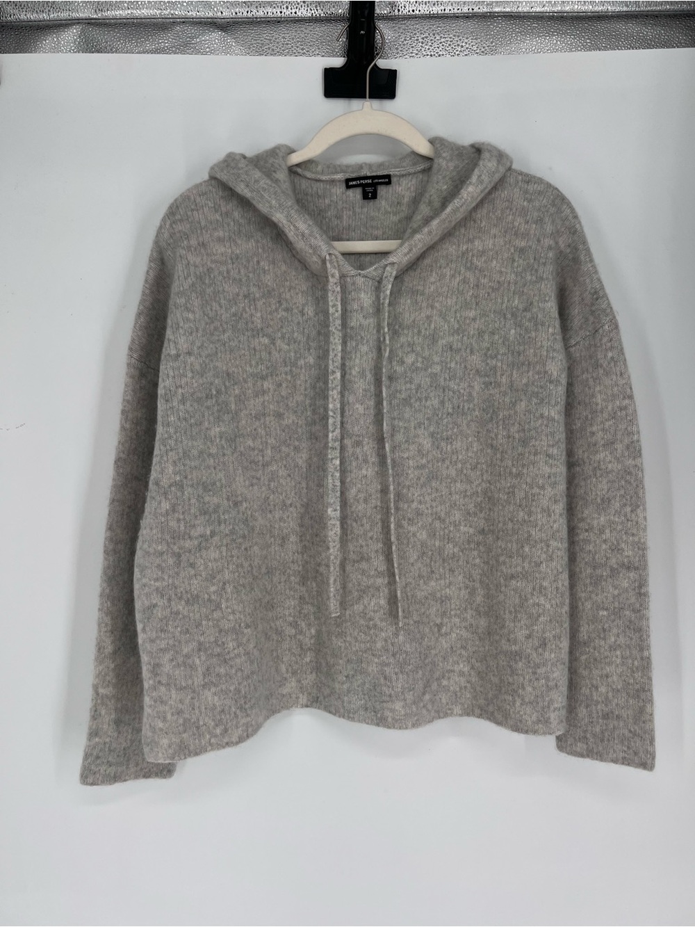 James Perse Heather Gray Silk Cashmere Blend Drawstring Hooded Knit Sweater M